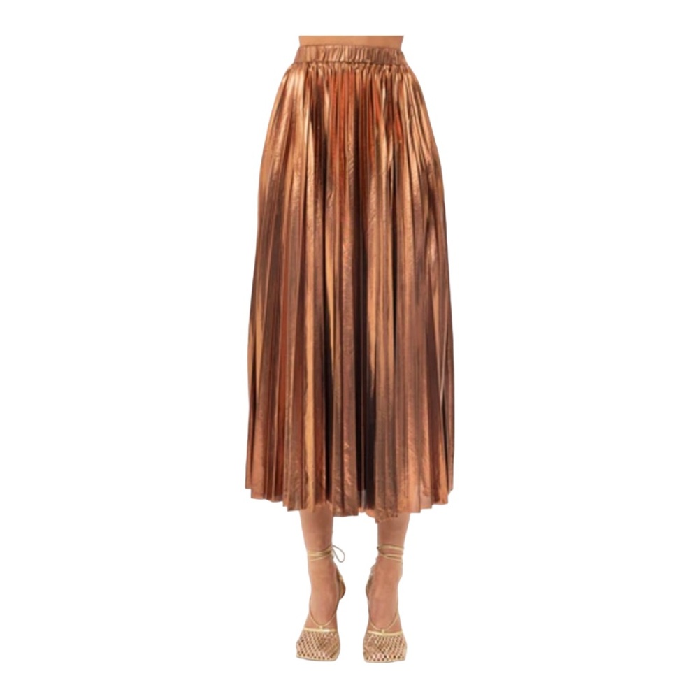 Motel Pleated Copper Shiny Metallic Pull On Dressy Flowy Midi Skirt Italy Large